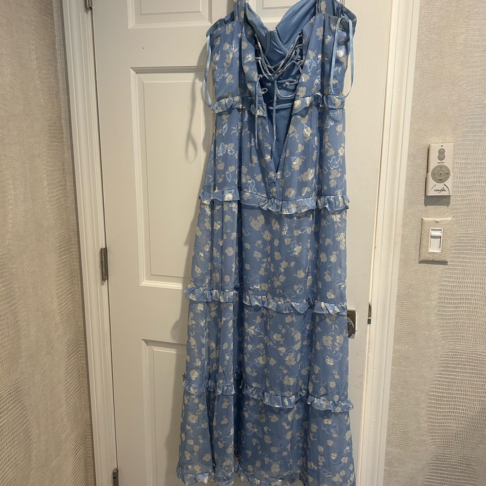Aqua Sky Blue Floral Gown